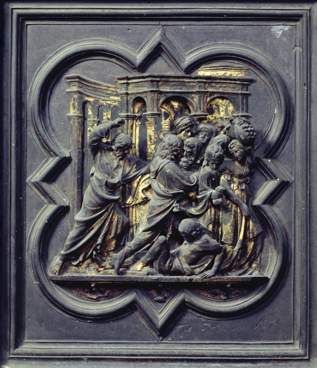 Kristus jager kjøpmennene fra tempelet, syvende panel av norddørene til dåpskapellet i San Giovanni, 1403-24 (bronse) av Lorenzo Ghiberti