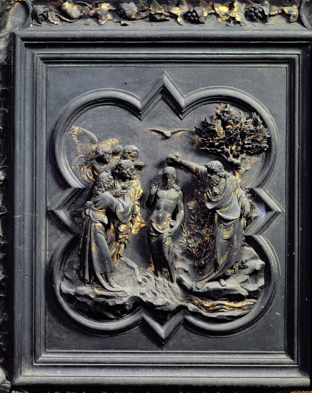 The Baptism of Christ, femte panel av norddørene til dåpskapellet i San Giovanni, 1403-24 (bronse) av Lorenzo Ghiberti