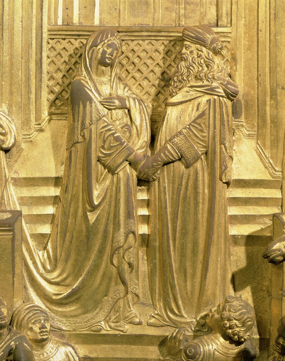 Møtet mellom kong Salomo og dronningen av Saba, detalj fra det originale panelet fra østdørene til dåpskapellet, 1425-52 (forgylt bronse) (etter restaurering) av Lorenzo Ghiberti