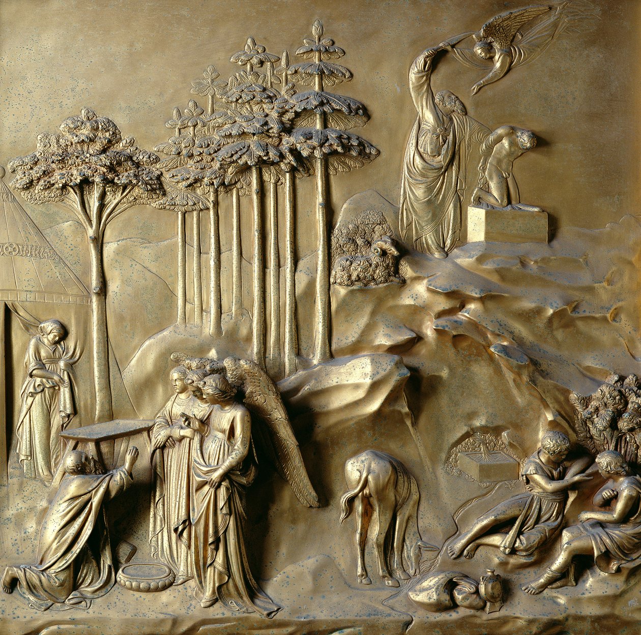 Historien om Isak: Engler profeterer fødselen til Isak og engelen som forblir Abrahams sverd, ett av ti relieffpaneler fra Paradisets porter (østdører), 1425-52 (forgylt bronse) (se også 87652-54 av Lorenzo Ghiberti
