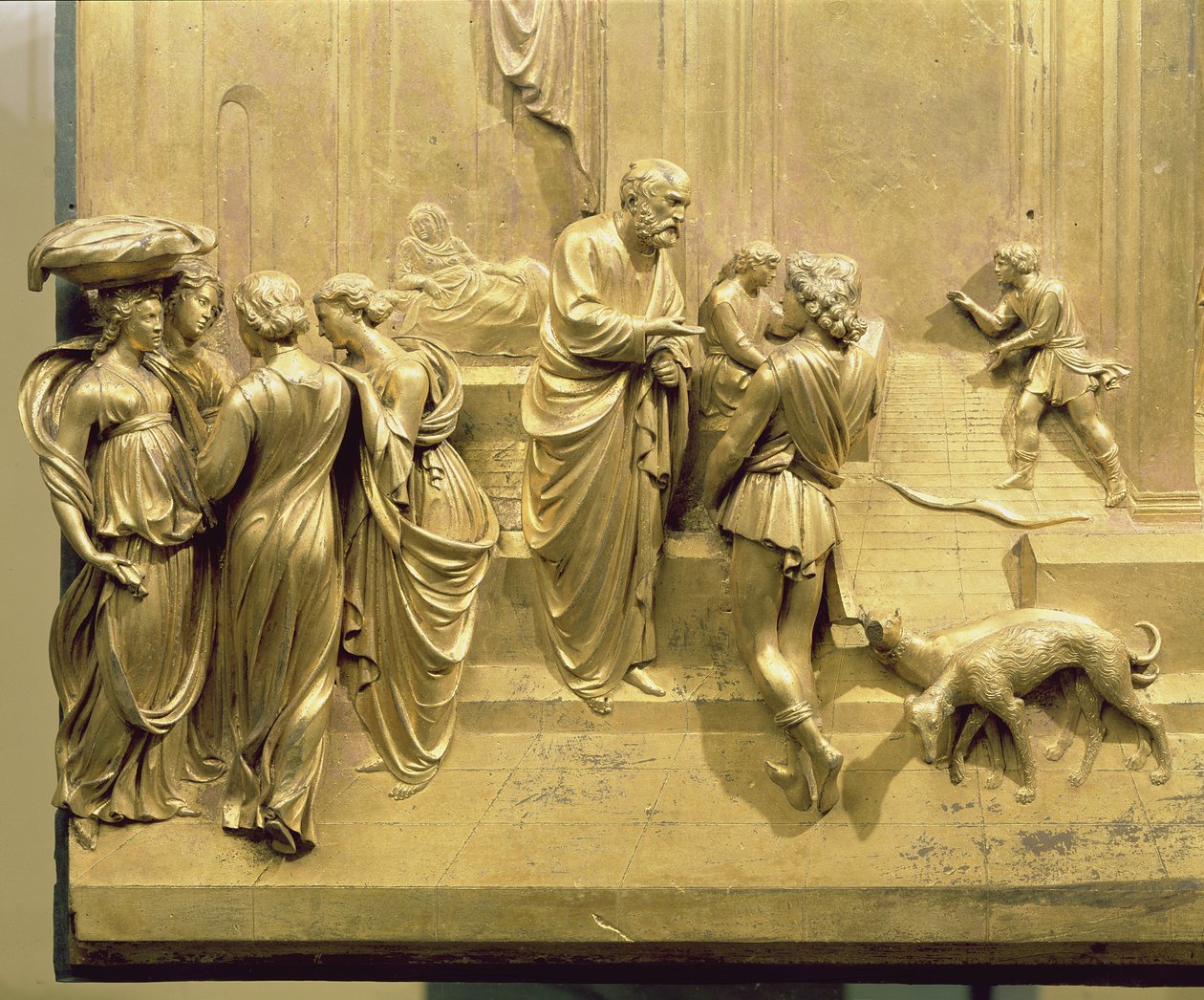The Story of Jacob and Esau, detalj fra det originale panelet fra East Doors of the Baptistery, 1425-52 (forgylt bronse) (etter restaurering) av Lorenzo Ghiberti