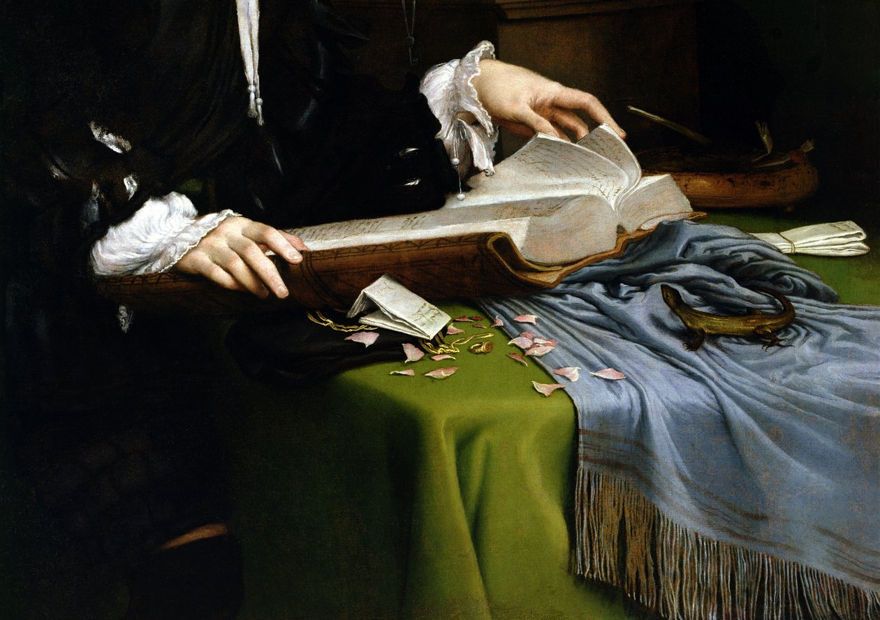Portrait of a Gentleman in his Study, 1528-30 (detalj) (etter restaurering) av Lorenzo Lotto