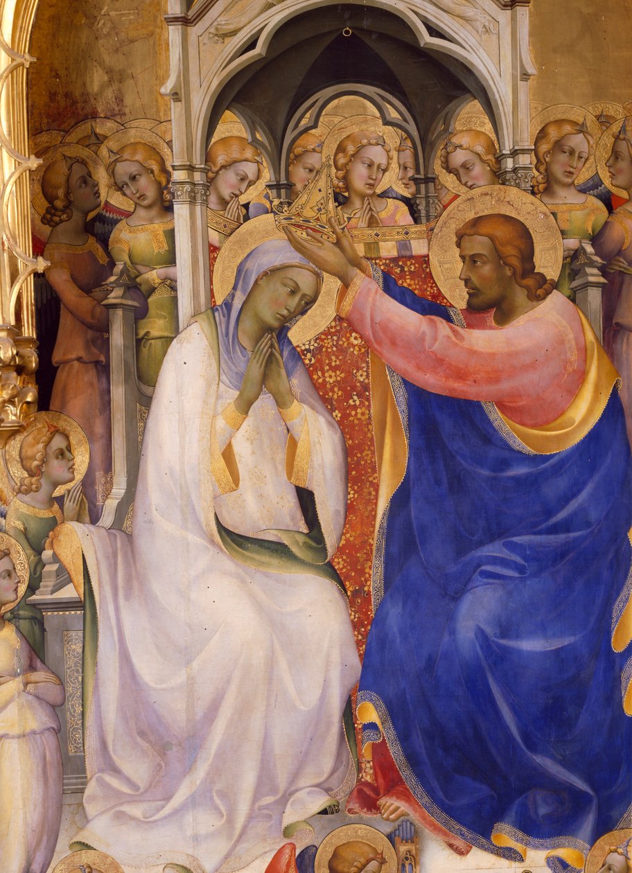The Coronation of the Virgin, detalj som viser Kristus som kroner jomfruen, 1414 (tempera på panel) av Lorenzo Monaco