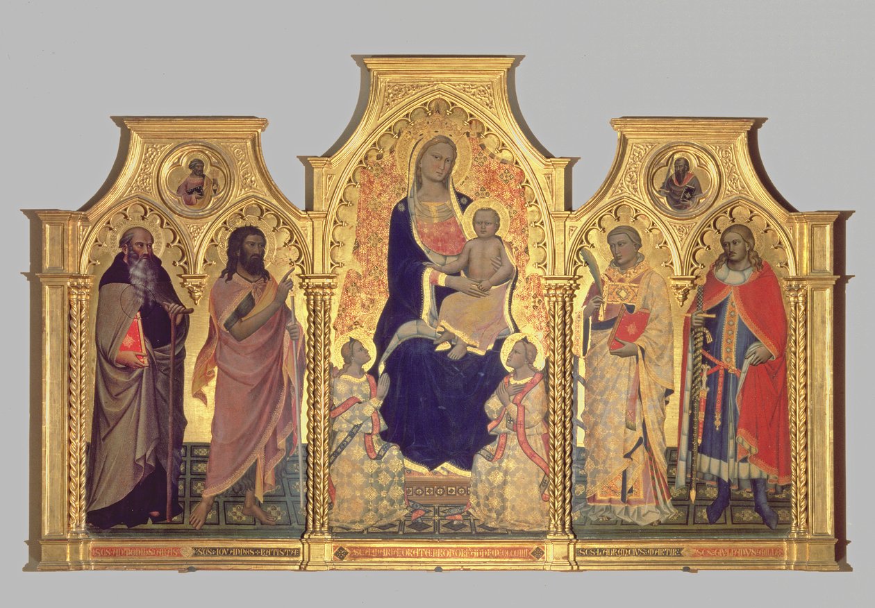 Madonna og barn med St. Anthony Abbed, St. John the Baptist, St. Lawrence og St. Julian, 1404 (tempera på panel) av Lorenzo di Niccolo Gerini