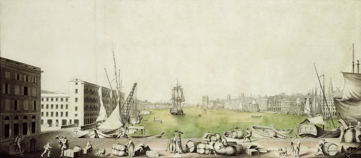 Havnen i Marseille, 1811 (penn, blekk og wc på papir) av Louis Amphoux