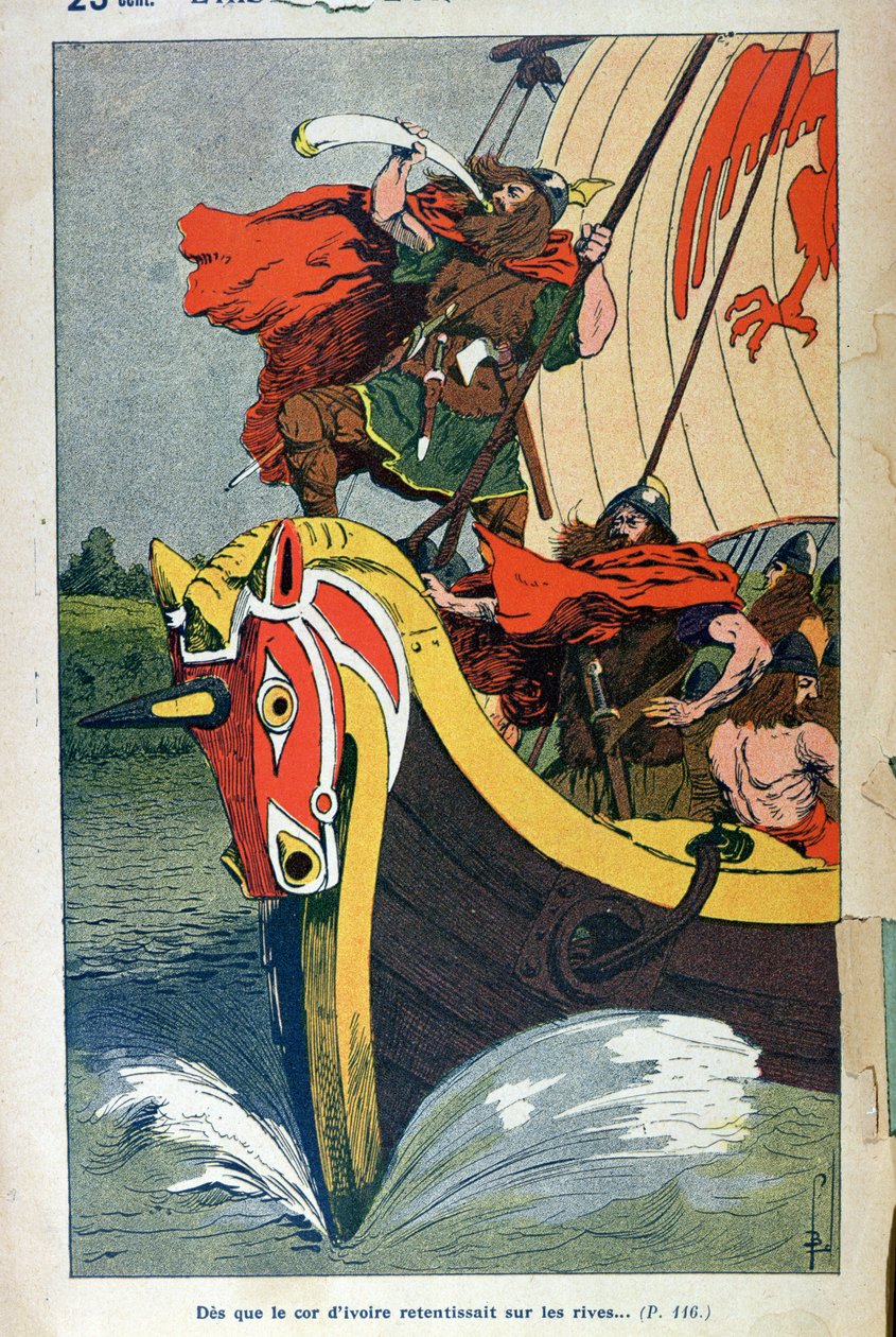 Viking som blåser i hornet på et langskip når det nærmer seg den norrøne kysten, illustrert plate fra en populær utgave av 