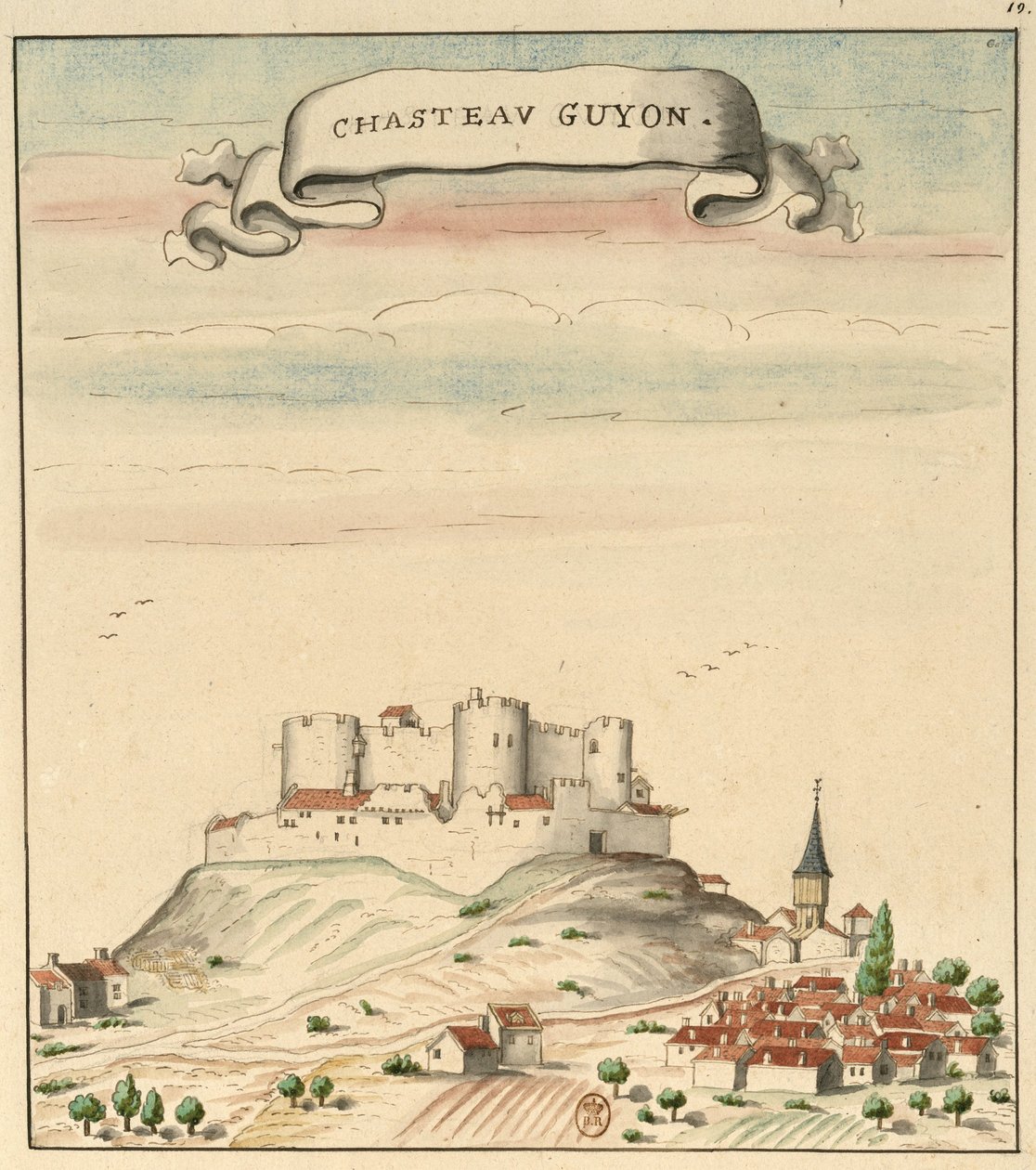 Tegning av slottet og landsbyen Châtel-Guyon (ca. 1450) inspirert av Guillaume Revel, L