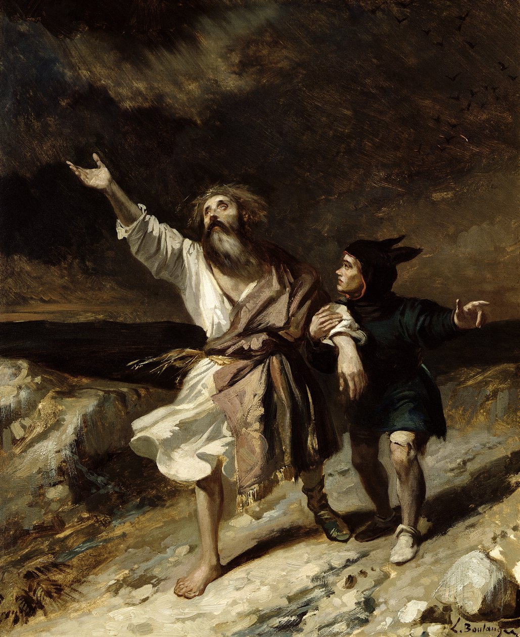 King Lear and the Fool in the Storm, Act III Scene 2 fra 'King Lear' av William Shakespeare (1564-1616) 1836 av Louis Boulanger