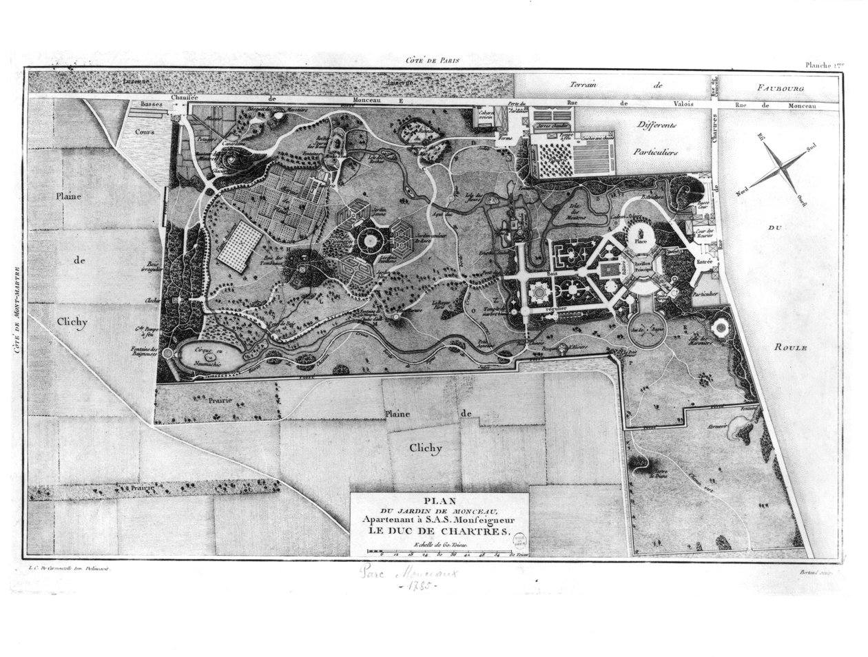 Plan av Parc Monceau i Paris tilhørende hertugen av Chartres (1747-93) 1785 av Louis Carrogis dit Carmontelle