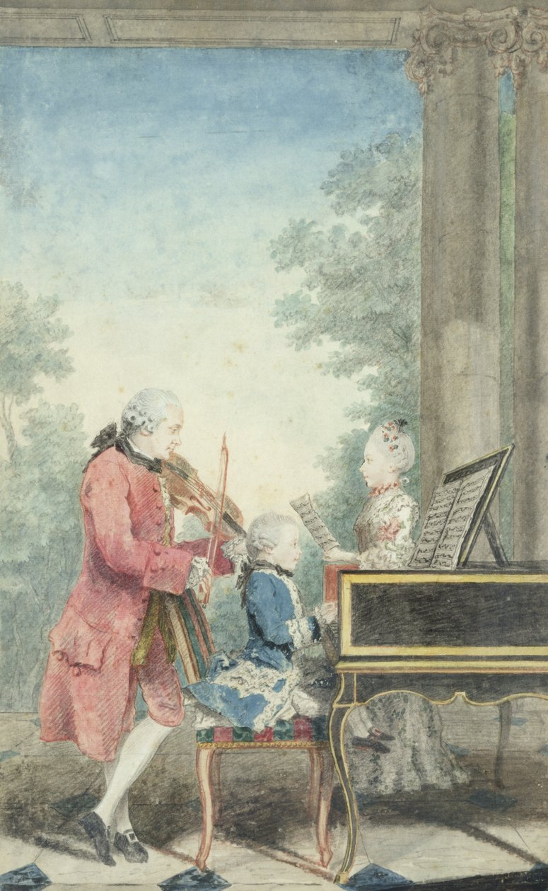 Leopold Mozart (1719-87) og hans barn Wolfgang Amadeus (1756-91) og Maria Anna (1751-1829) 1777 av Louis Carrogis dit Carmontelle