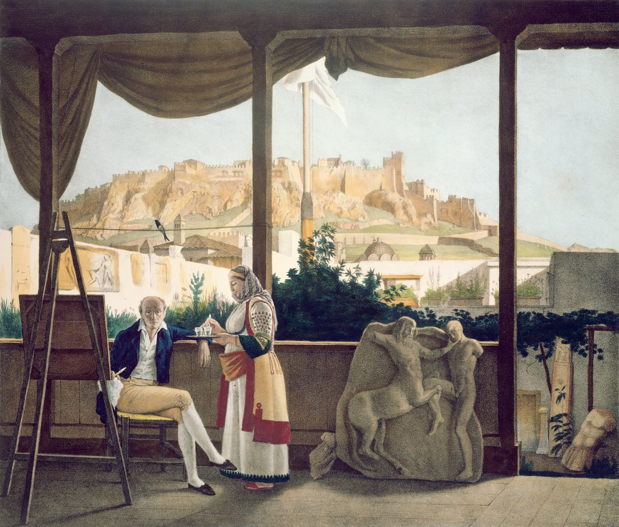 Den franske konsulen, Monsieur Fauvel, på terrassen til huset hans i Athen, gravert av Thierry Brothers, 1825 av Louis Dupré