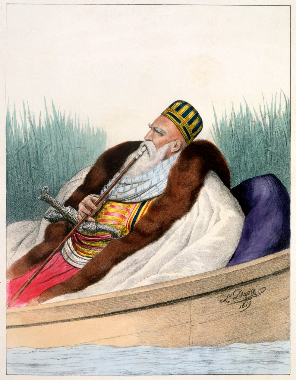 Ali Pasha de Janina i en båt ved Butrintesjøen i 1819 - Plate VII, gravert av Lemercier fra 'Voyage à Athens et a à Constantinople', skrevet og illustrert av Dupre, 1828 av Louis Dupré