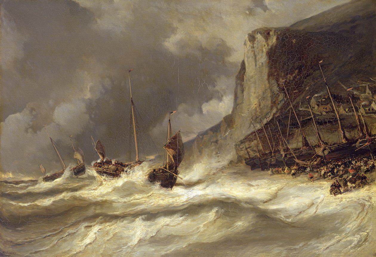 Storm på kysten ved Etretat, Normandie, 1851 av Eugene Isabey