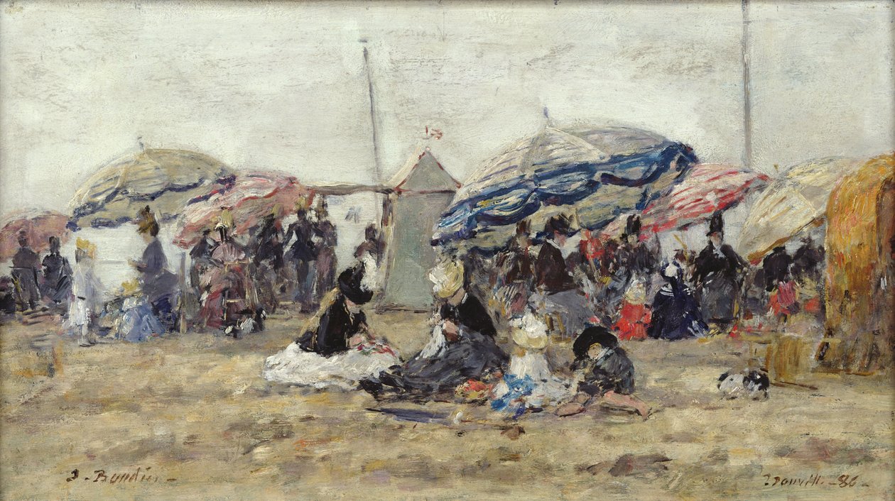 Parasoller på stranden i Trouville, 1886 (olje på tre) av Eugene Louis Boudin