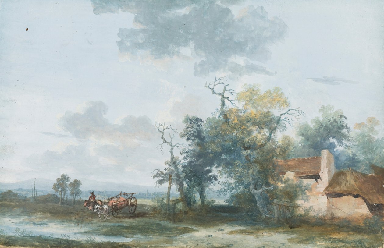 Landskap med en stråtak og en mann på hest og vogn av Louis Gabriel Moreau
