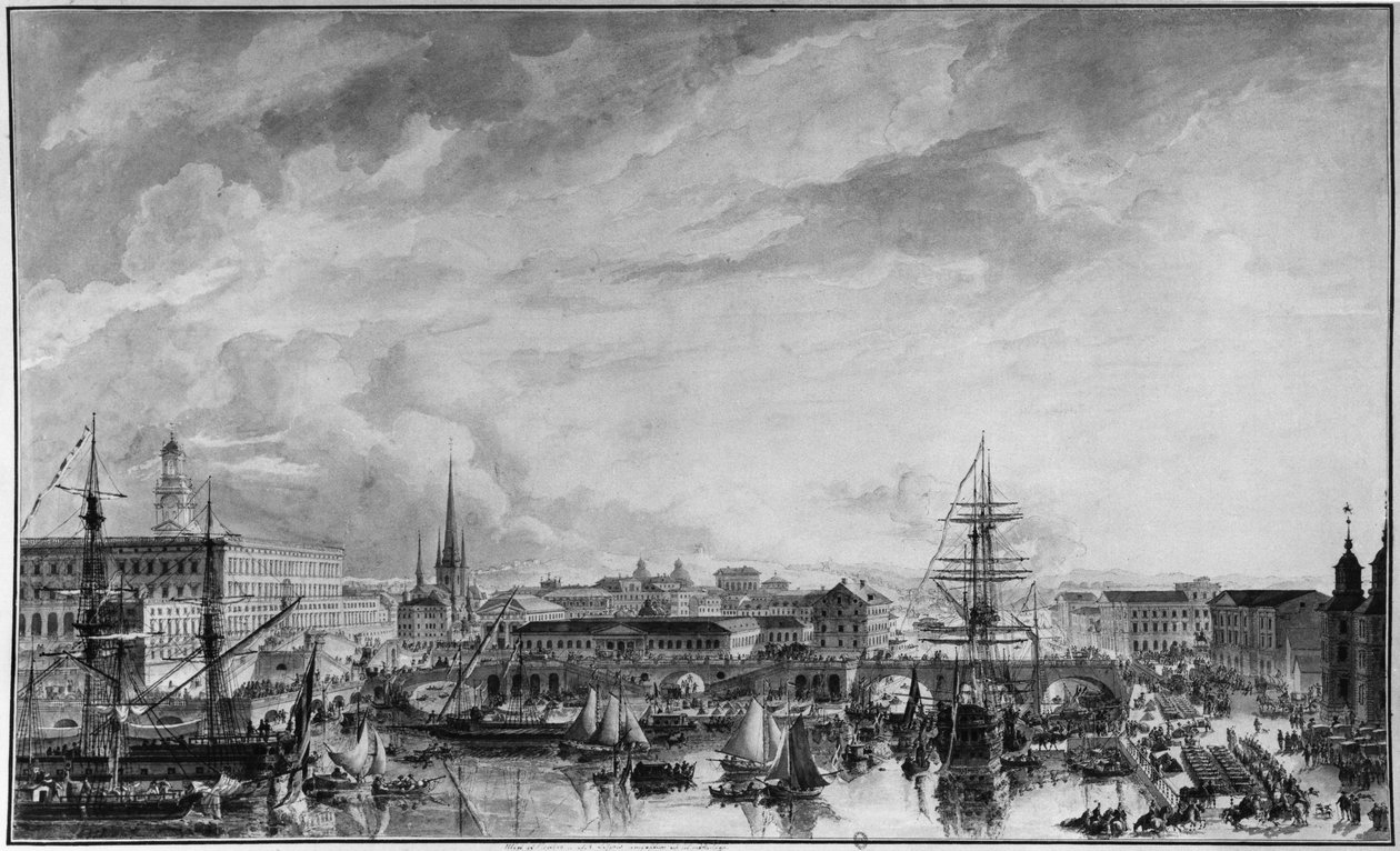 Utsikt over Stockholm, sent på 1700-tallet (penn og vask på papir) av Louis Jean Desprez