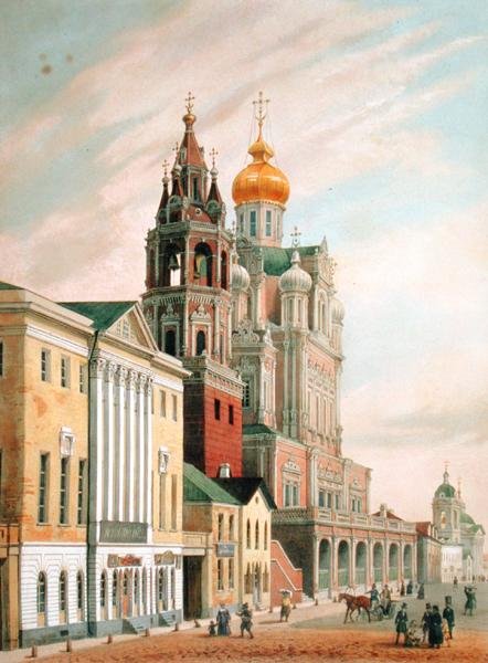 Assumption Church ved Pokrovskaya-gaten i Moskva, trykt av Lemercier, Paris, 1840-tallet av Louis Jules after Arnout