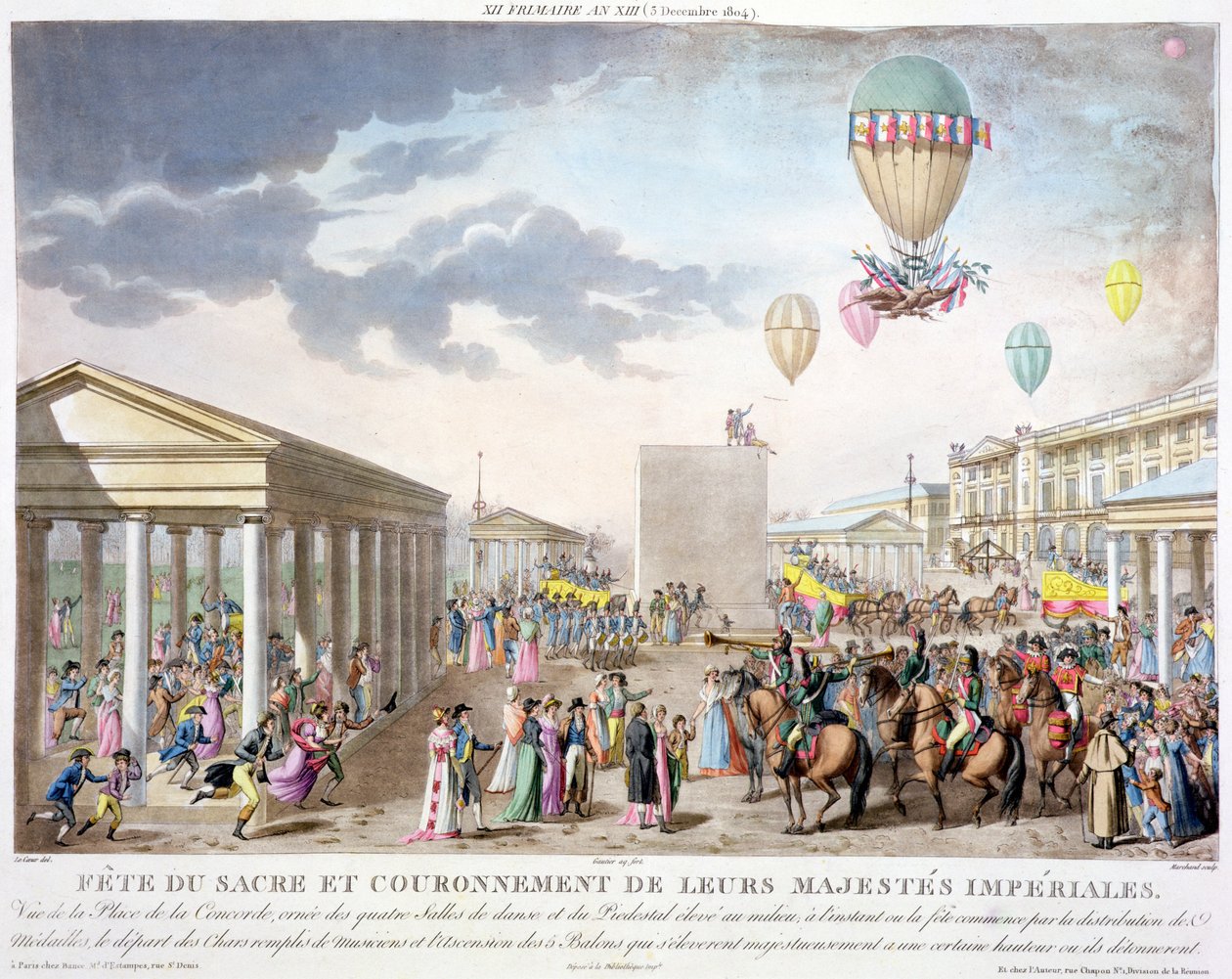 Hellig festival og kroning av deres keiserlige majesteter, utsikt over Place de la Concorde, Paris, gravert av Marchand, utgitt 1806 (håndtonet gravering) av Louis Le Coeur