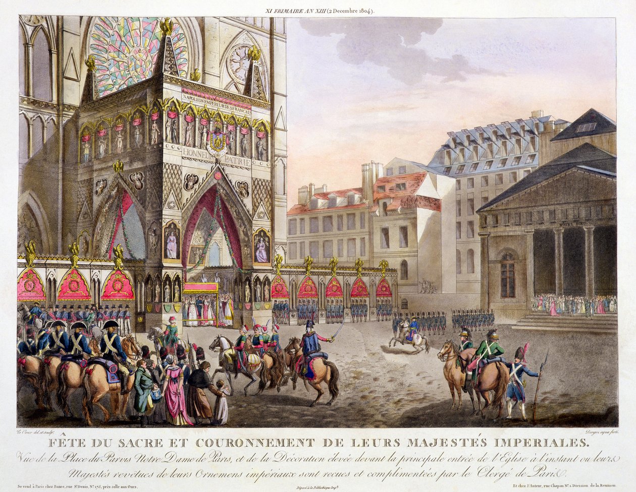 Hellig festival og kroning av deres keiserlige majesteter, utsikt over Place du Parvis Notre Dame, gravert av Dorgez (fl.1780-1814), publisert 1806 (håndtonet gravering) av Louis Le Coeur