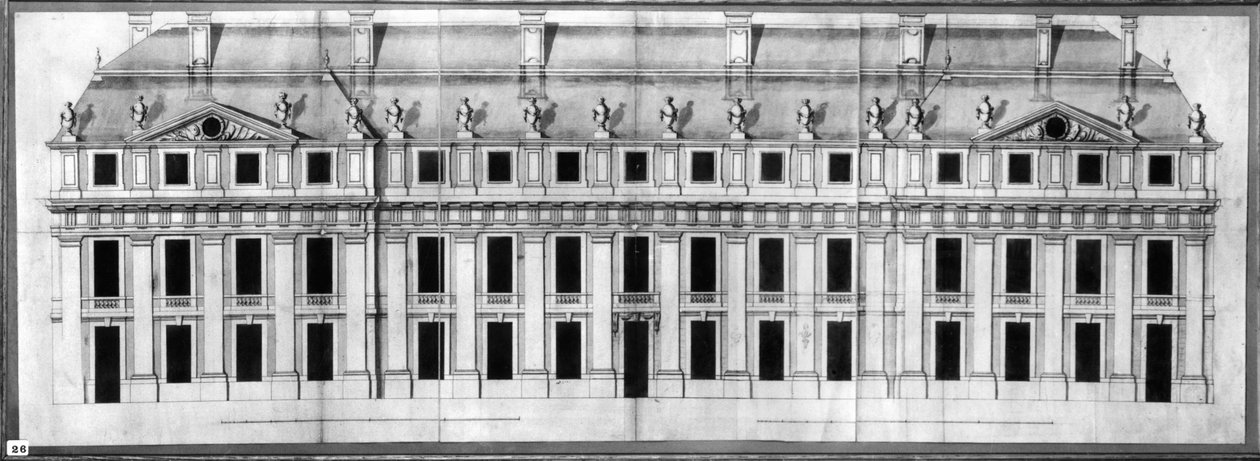 Chateau de Vincennes: Elevation of the Facade of a Corner Pavilion, 1658 (penn og blekk og vask på papir) av Louis Le Vau