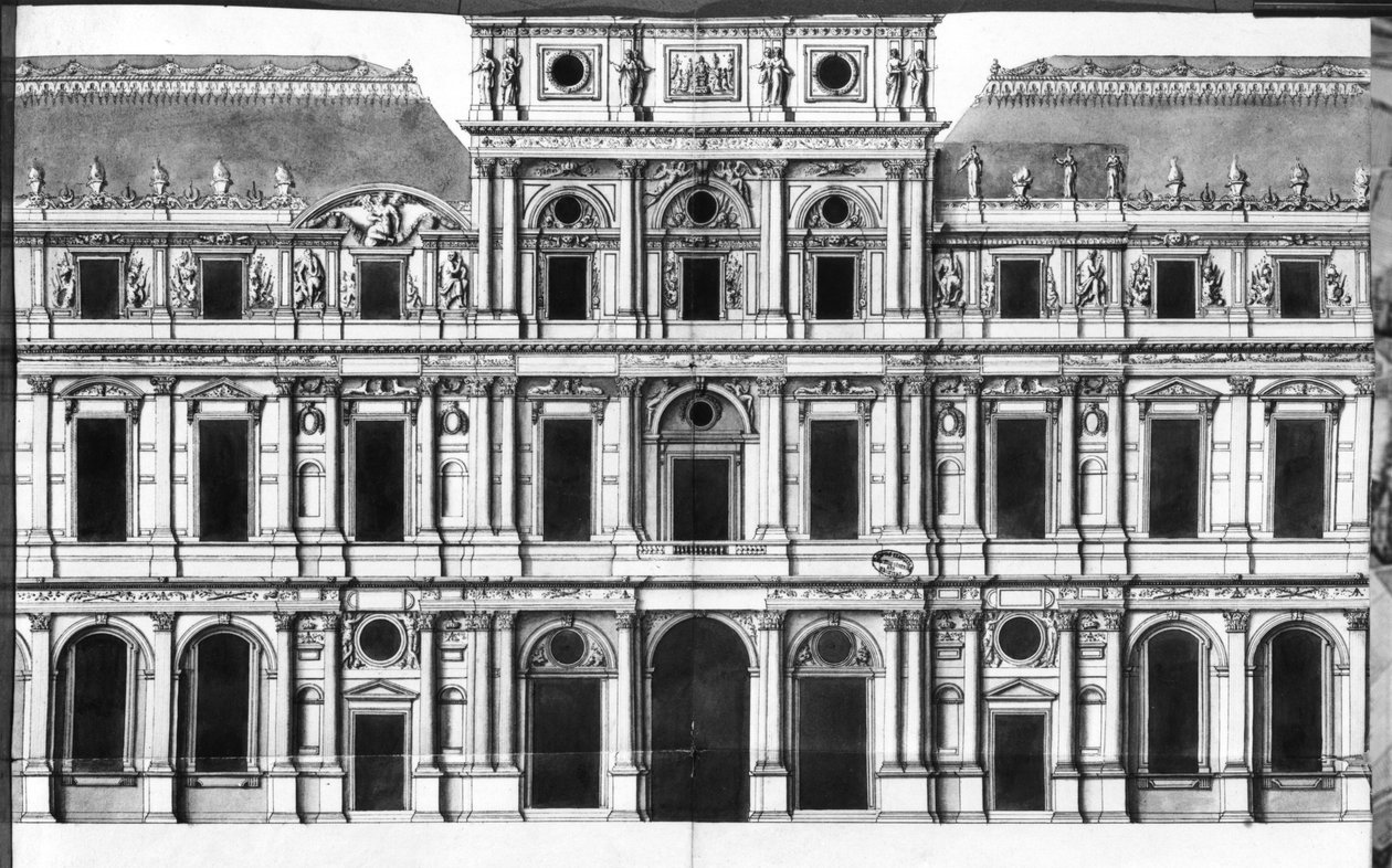 Louvre: Elevation of the Pavilion in the Middle of the River, ca. 1660-63 (penn og blekk og vask på papir) av Louis Le Vau