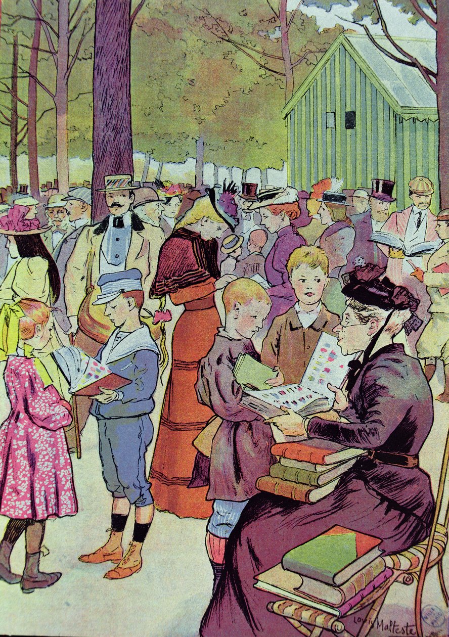 Frimerkemarked i Paris, 1897 (fargegravering) av Louis Malteste