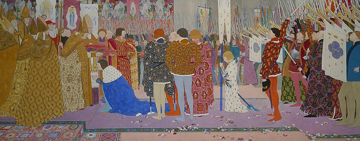 The Crowning at Reims of the Dauphin, fra Joan of Arc Series E, 1907 (olje og bladgull på lerret) av Louis Maurice Boutet de Monvel