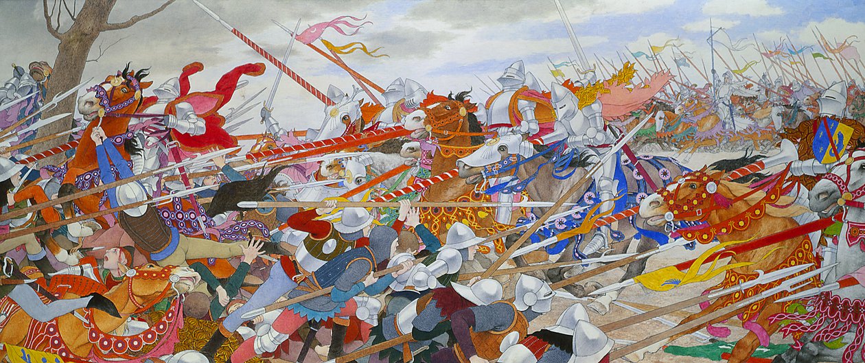 The Turmoil of Conflict, fra Joan of Arc Series D, ca. 1905-11 (olje og bladgull på lerret) av Louis Maurice Boutet de Monvel
