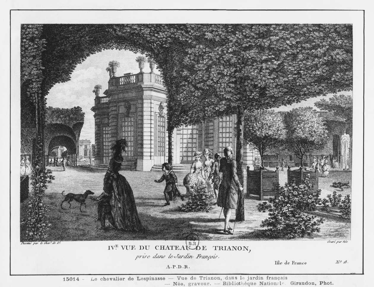 Fjerde visning av Trianon, tatt i den franske hagen, gravert av Francois Denis Nee (1732-1817) av Louis Nicolas de Lespinasse