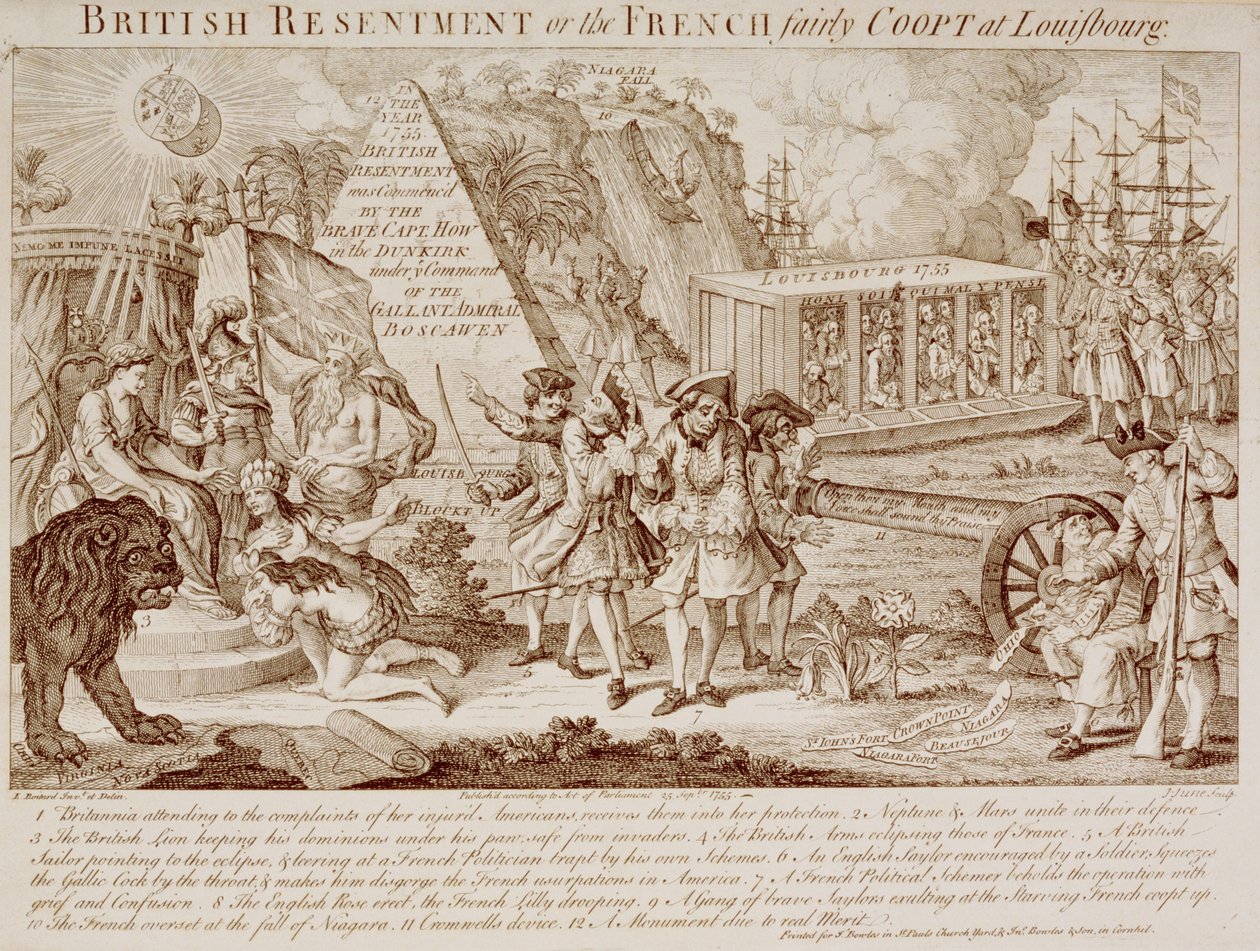 British Resentment eller, den franske Fairly Coopt i Louisbourg, publisert 25. september 1755 (se også 251585) av Louis Philippe after Boitard