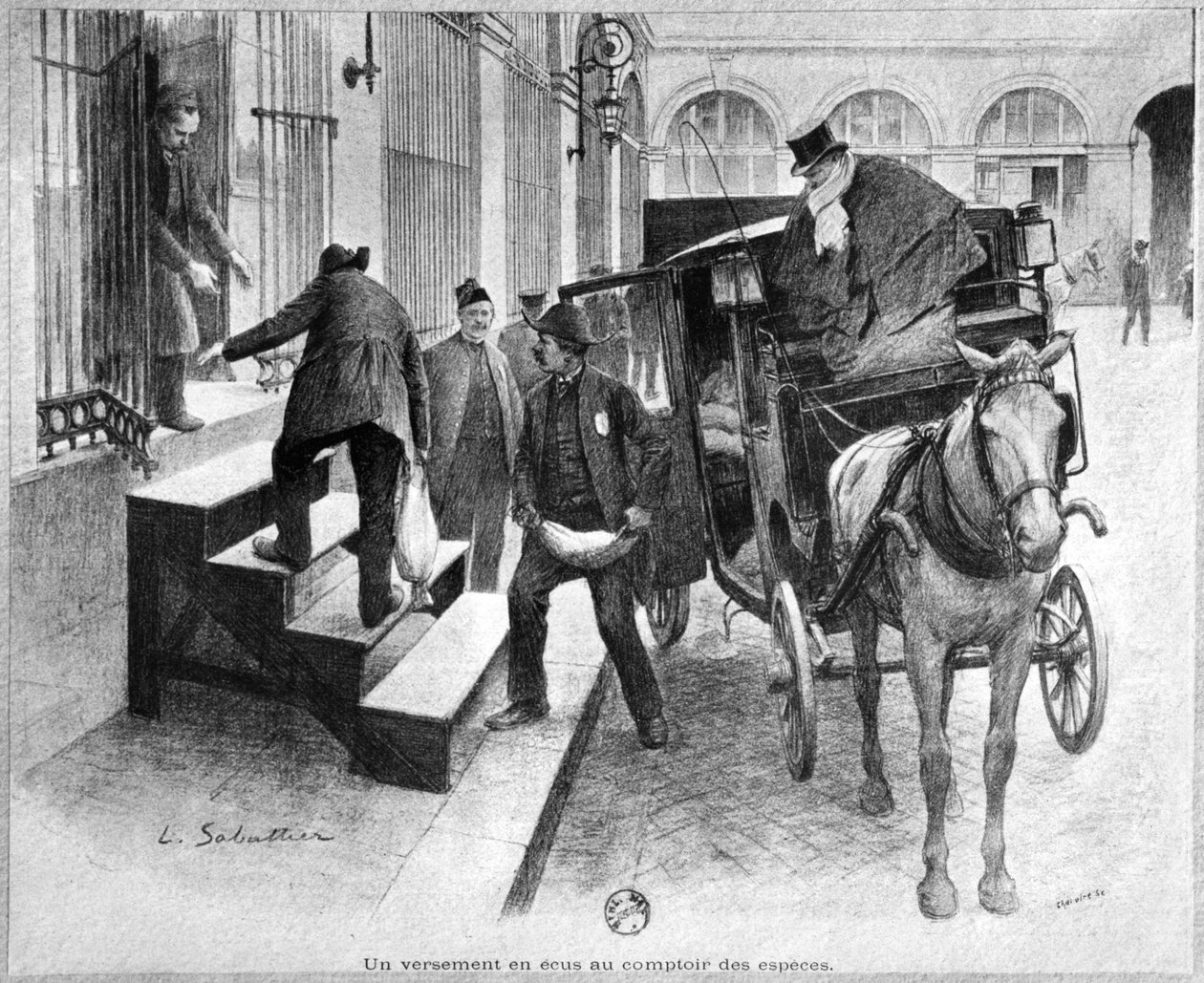 Et depositum med kroner ved kassadisken, gravert av Chaivire (1800-tallet) 1897 av Louis Remy Sabattier