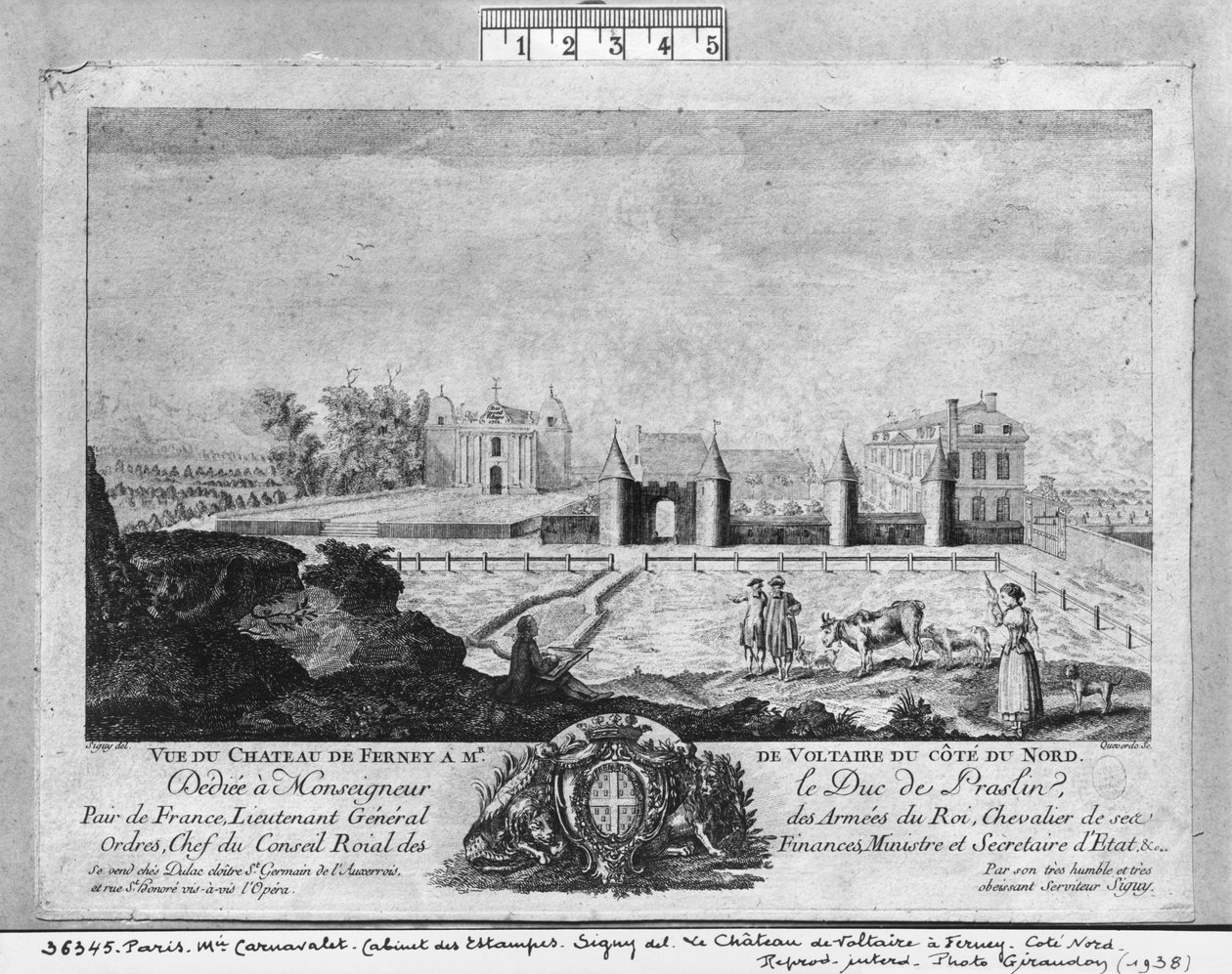 Voltaires hus i Ferney, nordsiden, gravert av Francois, Maria, Isidore Queverdo (1748-97) av Louis Signy