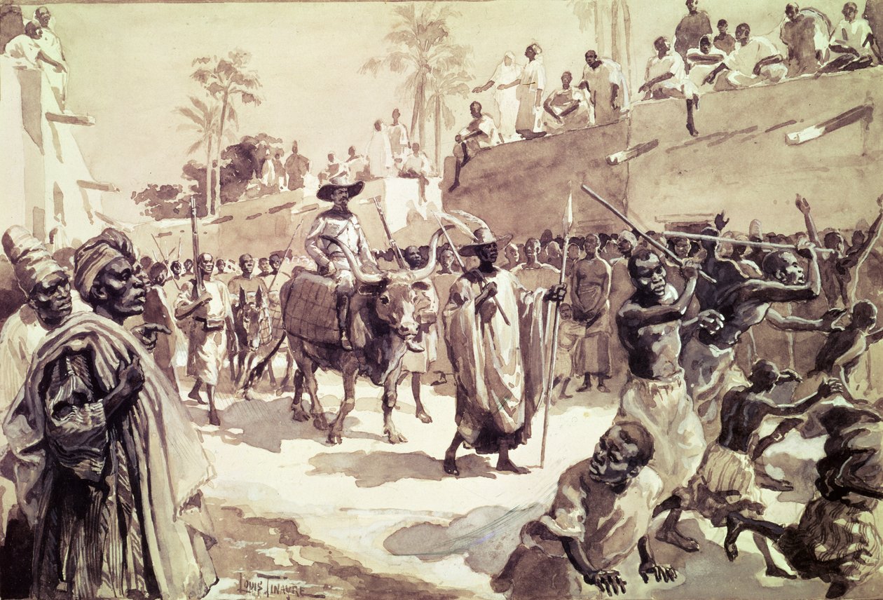 Inngang av kaptein Louis Gustave Binger (1856-1936) til Kong i 1888 (wc på papir) av Louis Tinayre