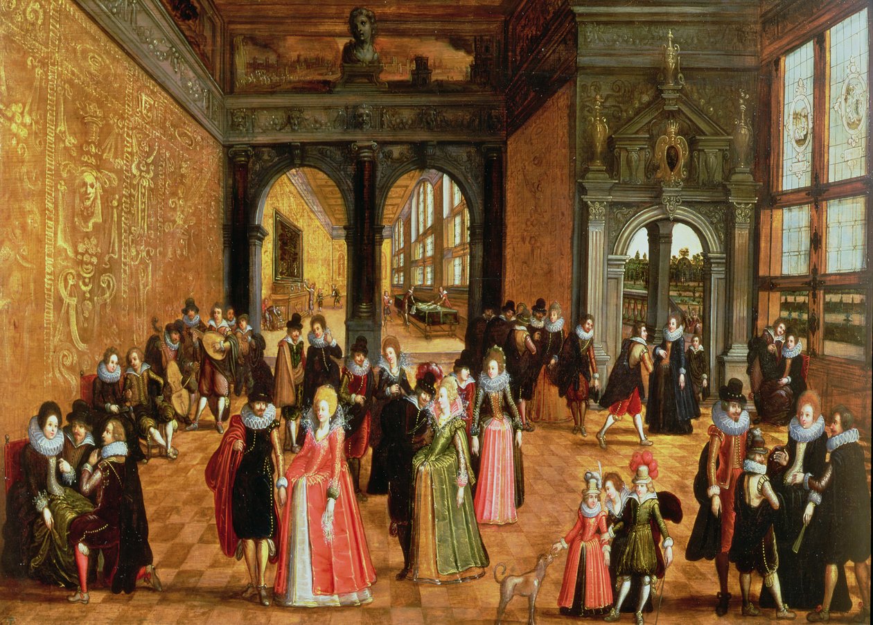 Et palassinteriør med damer og herrer som danser og spiller musikk av Louis de Caullery