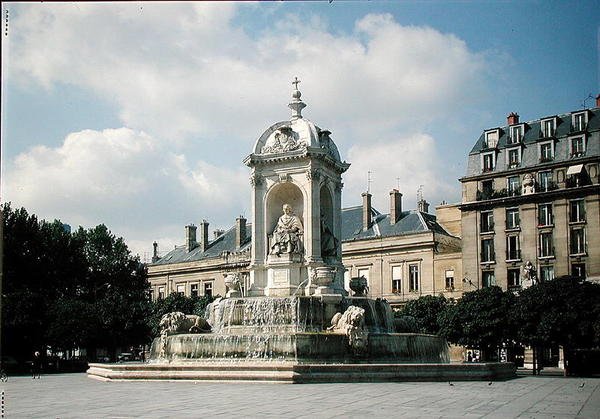 Utsikt over Fontaine des Quatre-Eveques, Place Saint-Sulpice, bygget i 1844 av Louis or Ludovico Visconti