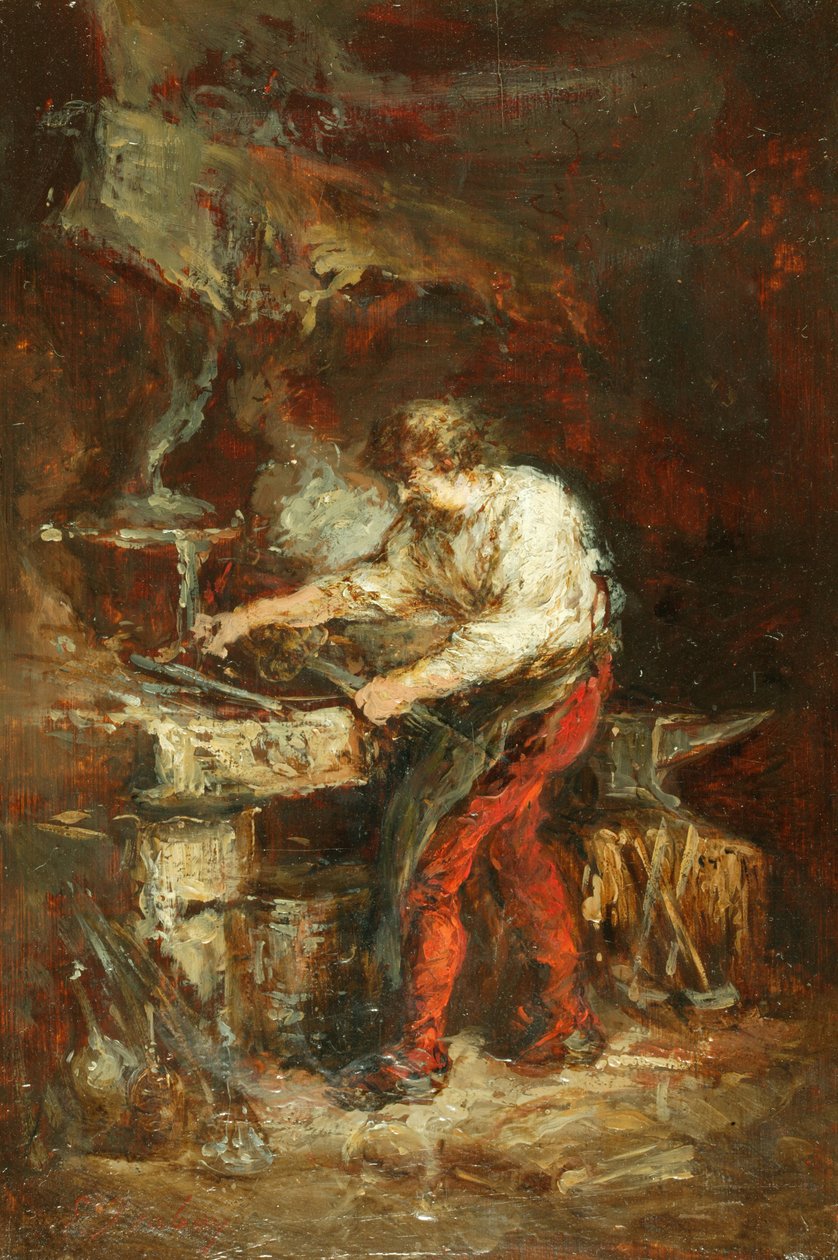 The Smithy (olje på panel) av Louis Eugene Gabriel Isabey