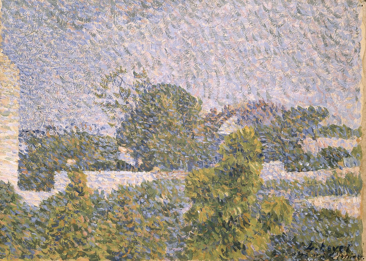 Landskap (enkaustisk(?) på lagdelt papp) av Louis Hayet