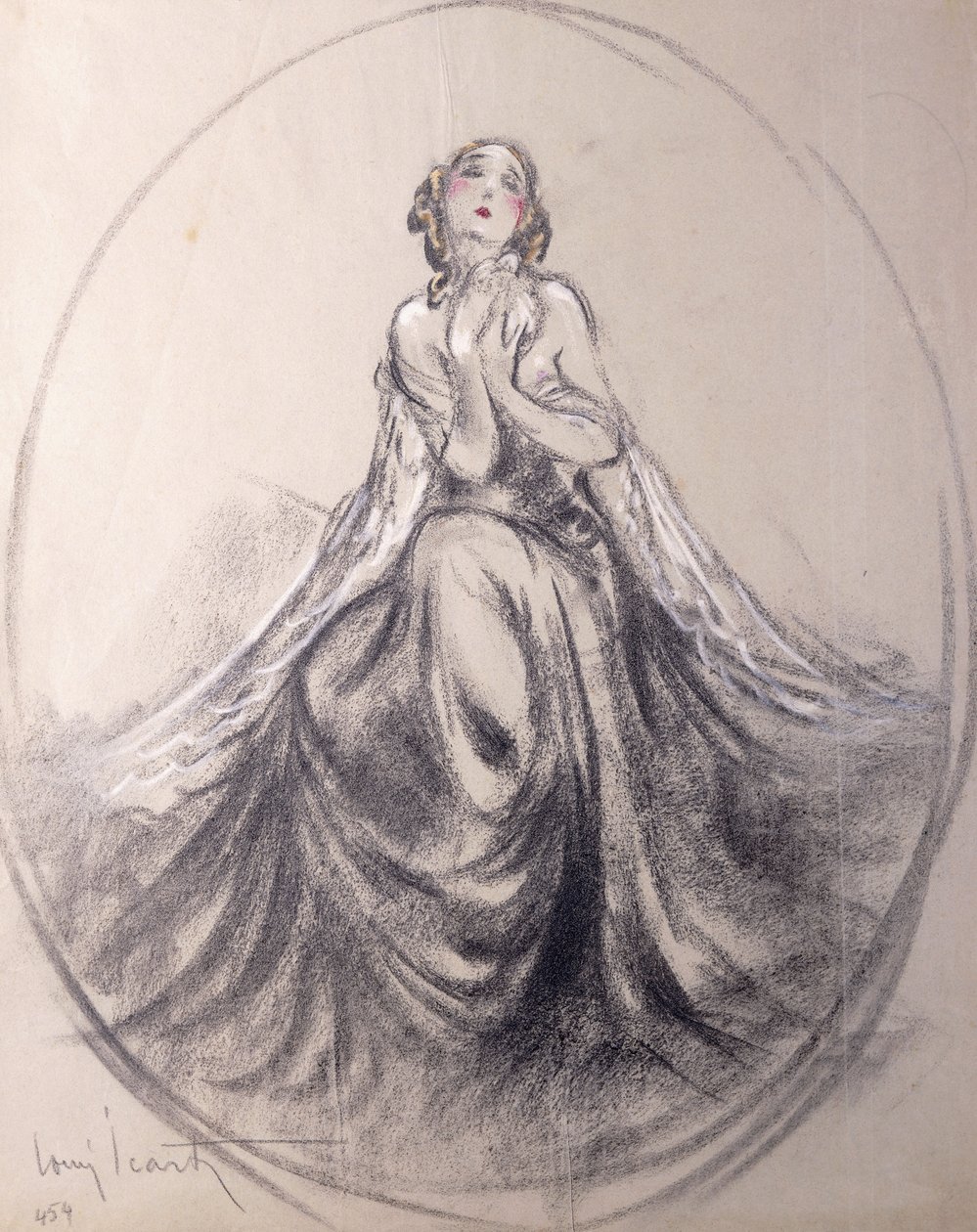 En sittende dame i teatralsk positur av Louis Icart