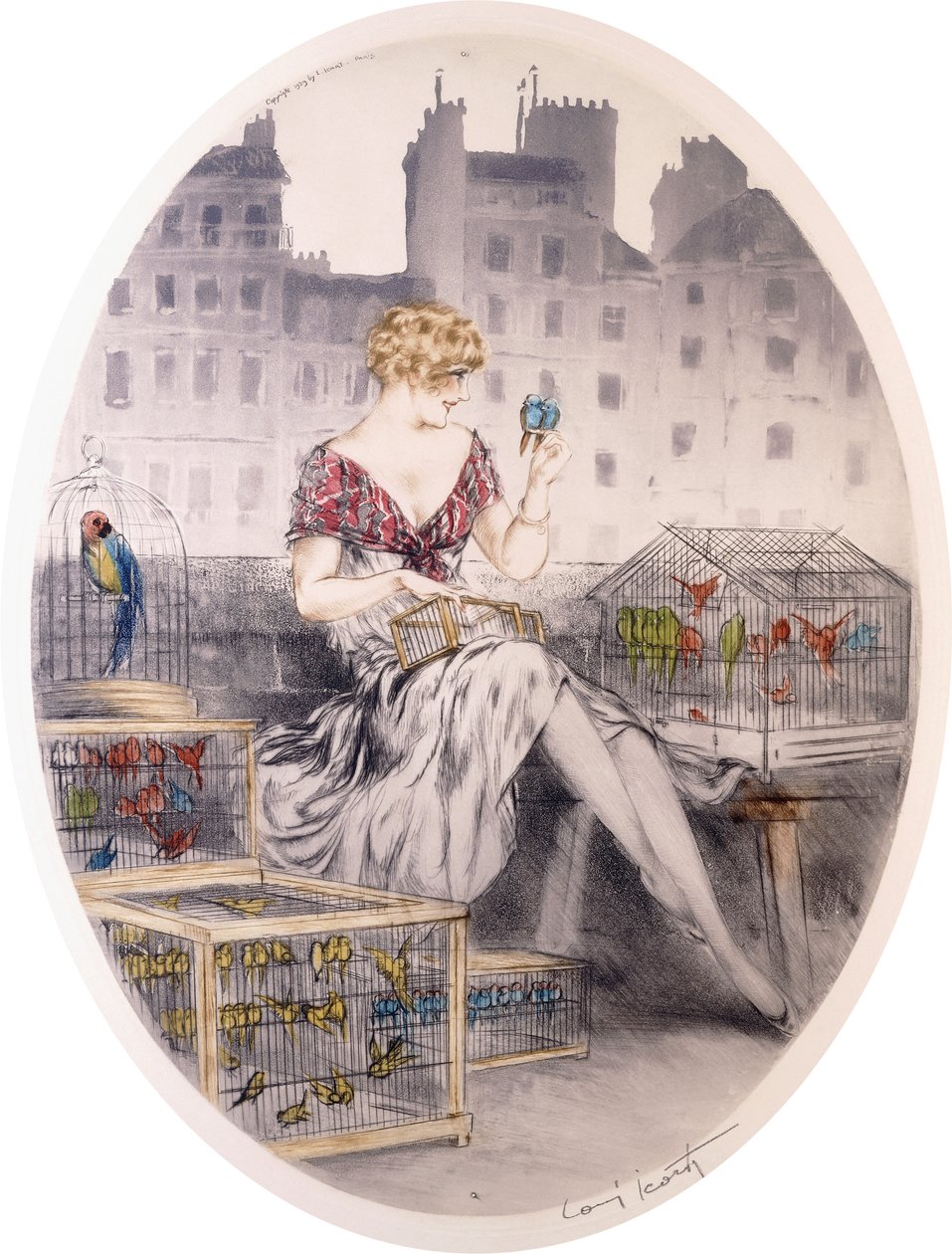 Jente med undulat, ca. 1920-30-tallet (fargetsing) av Louis Icart