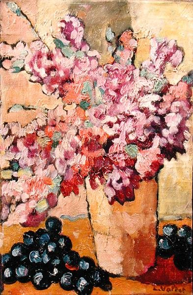 Stilleben med blomster og sorte druer av Louis Valtat