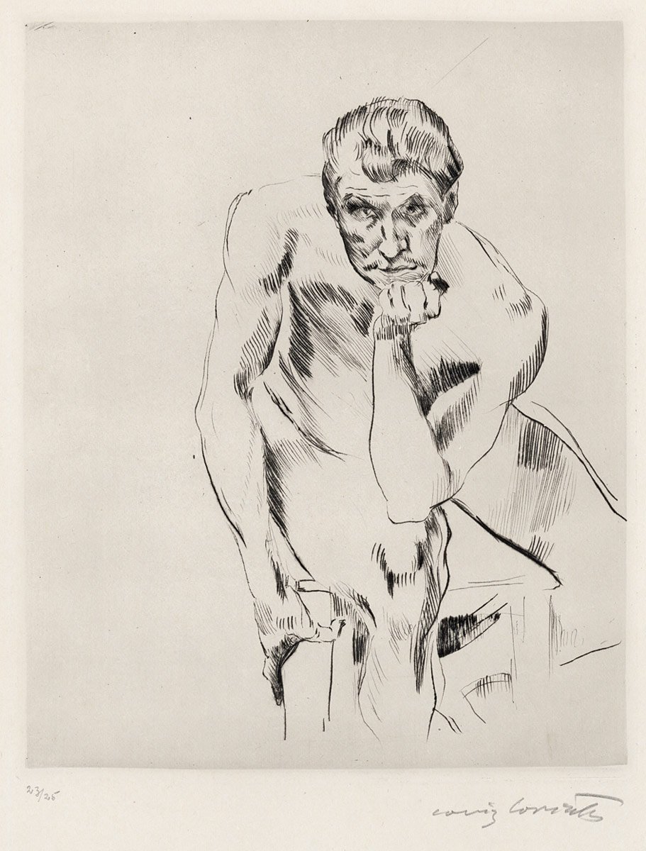 Sitter mannlig naken, reflekterer av Lovis Corinth