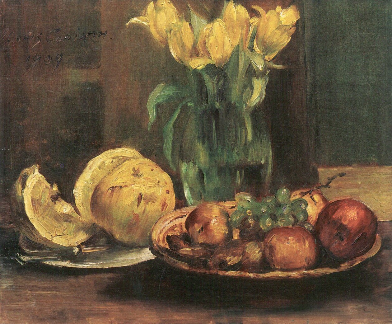 Stilleben med gule tulipaner, epler og grapefrukt av Lovis Corinth