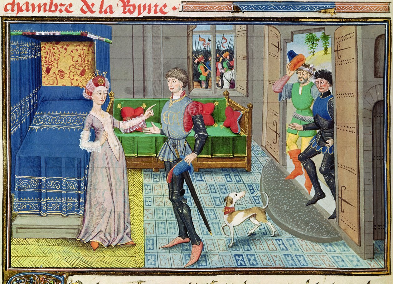 Ms 5072 fol.130v Maugis av Aigremont og Isanne i dronningens soverom, fra Renaud de Montauban-syklusen av Loyset Liedet
