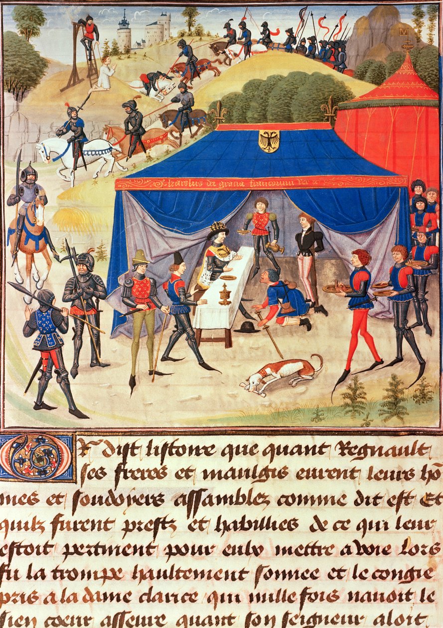 Ms 5073 fol. 253v Renaud de Montauban og Charlemagne (742-814), fra Renaud de Montauban-syklusen av Loyset Liedet