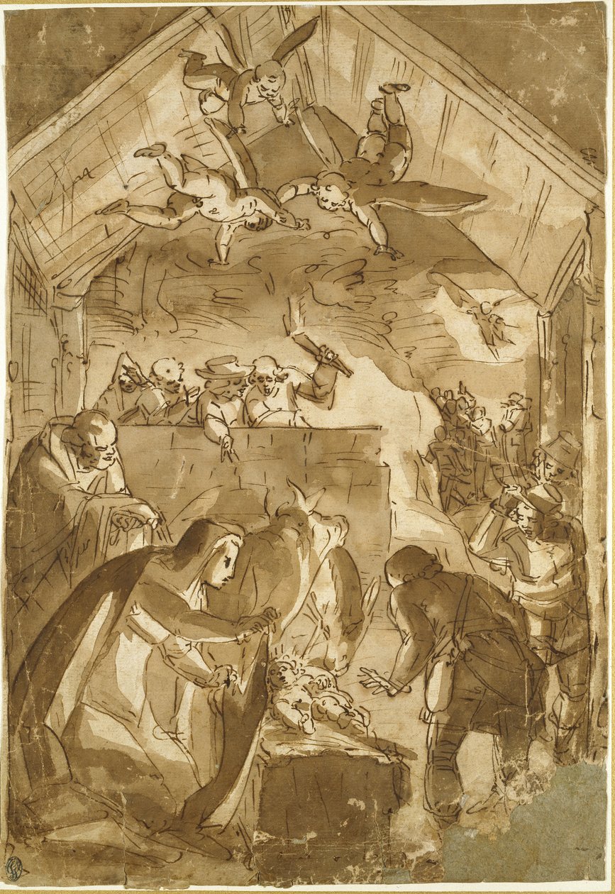 The Nativity (penn og brunt blekk med brun vask på off-white papir) av Luca Cambiaso