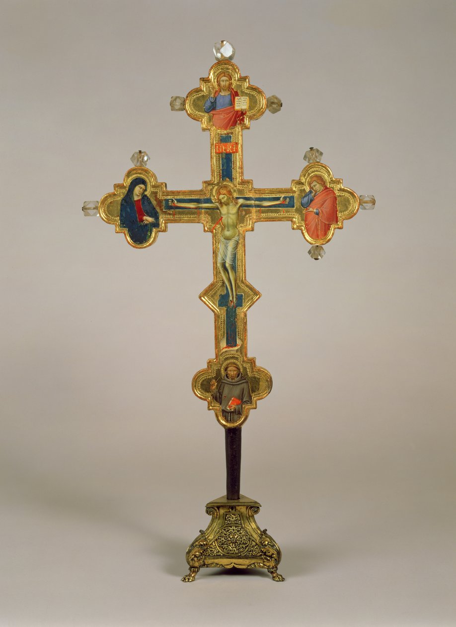 Bærbart kors, dekorert med scener av Den korsfestede Kristus med jomfruen, St. Johannes evangelisten og St. Frans (forside) (tempera, sølv og bladgull på tre med bergkrystall) (til bakside) av Luca di Tommè