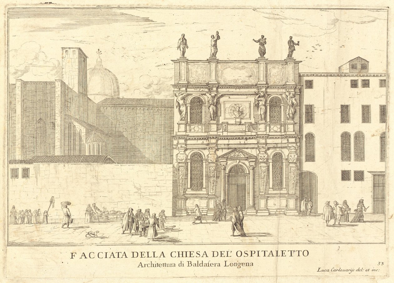 Fasade til Ospitaletto-kirken (plate 33) av Luca Carlevariis