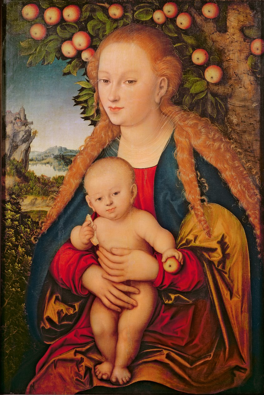 The Virgin and Child under an Apple Tree, 1520-26 (olje på lerret overført fra p tr om anel)) 99 : Jesus Kristus; baby; runde; epler; landskap; bakgrunn; symbolikk; Eva; synd; symbolsk; spedbarn; rur av Lucas Cranach the Elder
