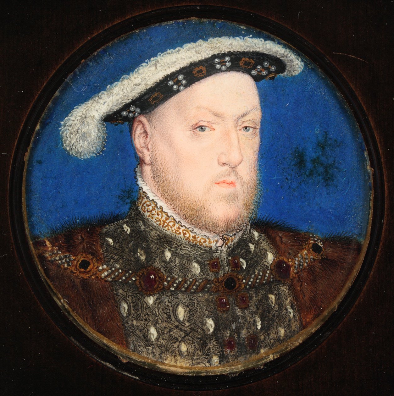 Henry VIII i en grå dublett og pelskjole (wc og kroppsfarge på vellum) av Lucas Horenbout or Hornebault