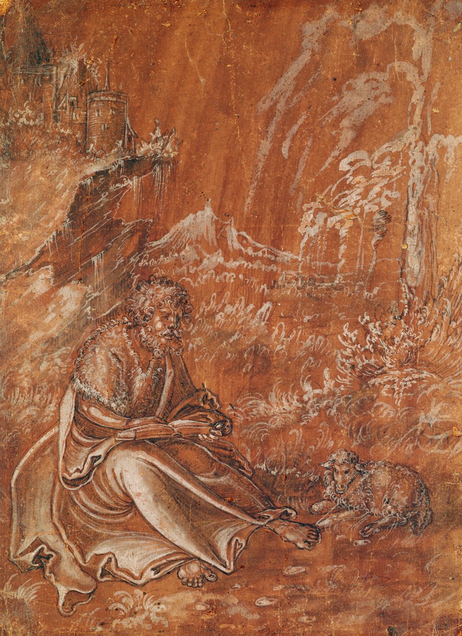 Døperen Johannes sitter i et fjellandskap (blekk på papir) av Lucas Cranach the Elder